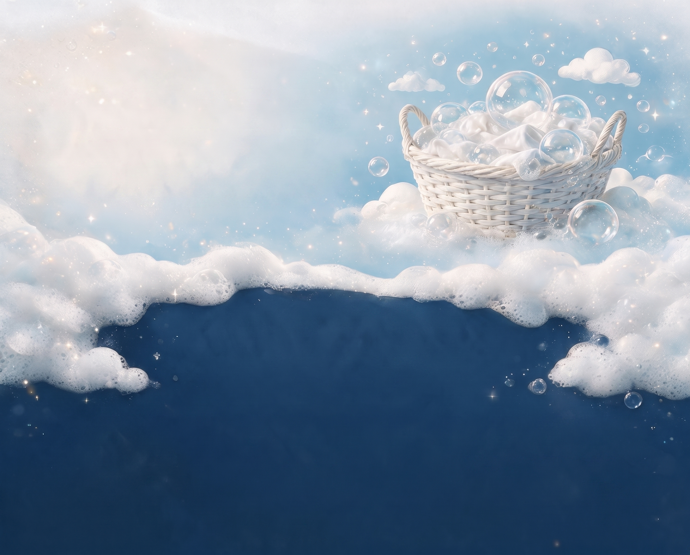 Wäschekorb voller Waschschaum und Seifenblasen auf weichen Schaumwolken